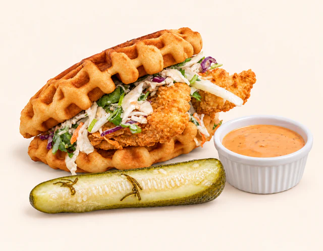 Waffle chicken sandwich with a pickle spear and sauce