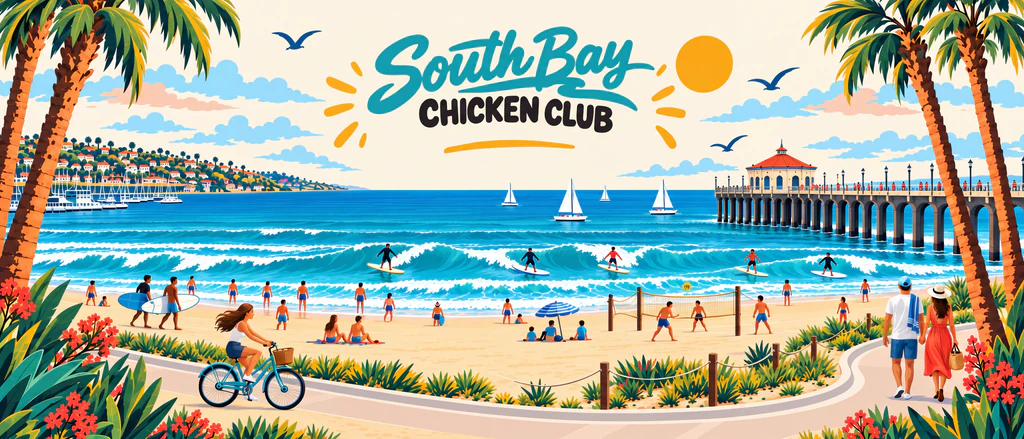 South Bay Chicken Club beach mural showing the beach, pier, surfers, and palm trees